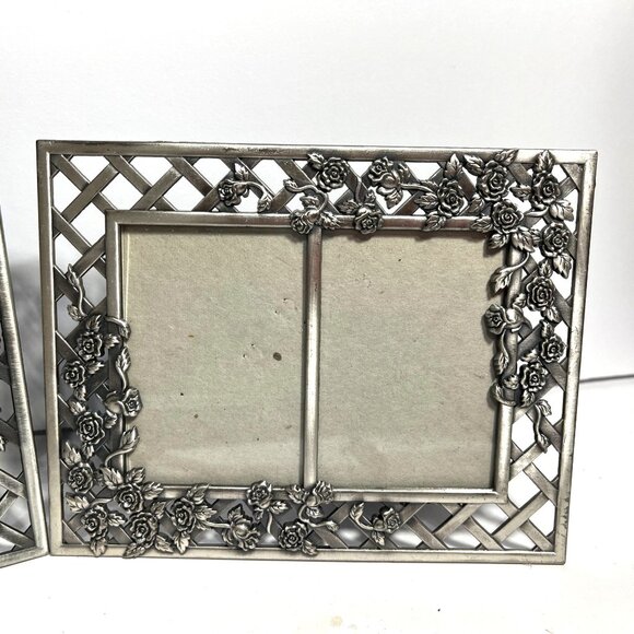 Vintage Pewter Floral Rose Vine Double Picture Frame set of 2 - Picture 3 of 8